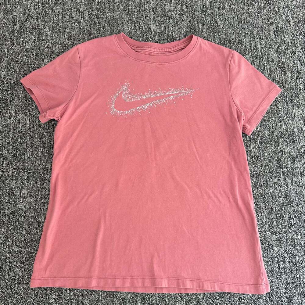 Nike Pink Short Sleeve T-Shirt with Glitter Splatter Swoosh Logo